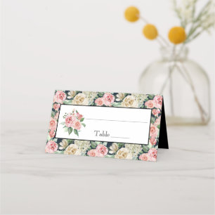 Old Fashion Pink & White Roses on Black Background Place Card