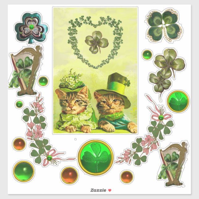OLD FASHION ST. PATRICK'S DAY CATS ,SHAMROCK HEART (Sheet)