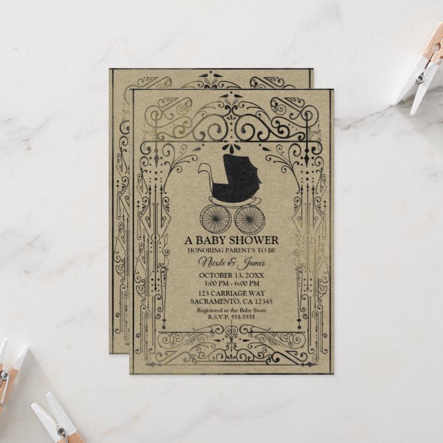 Old Fashion Vintage Carriage Deco Baby Shower Invitation (Front/Back In Situ)
