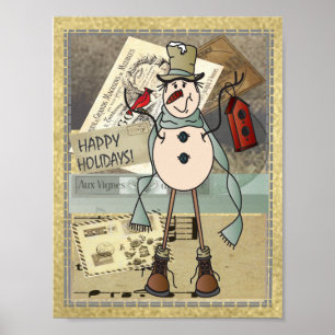 Old Fashion Vintage Style Blue Snowman Poster