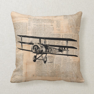 Old Fashioned Aeroplane Vintage Plane Newspaper Cushion