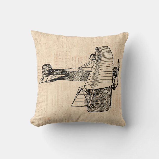 Old Fashioned Antique Aeroplane Beige Script Cushion (Front)