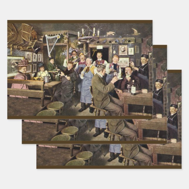 Old Fashioned Bar with People Celebrating, a Party Wrapping Paper Sheet (Set)
