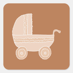 Old Fashioned Beige Baby Stroller on Brown. Square Sticker