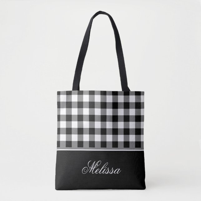 Old Fashioned Black & White Gingham | Personalised Tote Bag (Front)