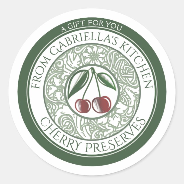 Old Fashioned Cherry Jam Stylised Fruit and Flower Classic Round Sticker (Front)