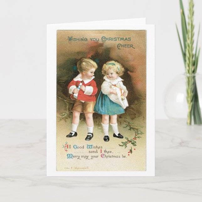 Old-fashioned Christmas, Boy & Girl Holiday Card (Front)