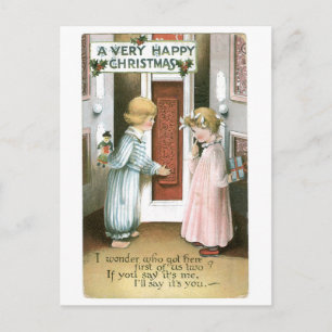 Old-fashioned Christmas, Boy & Girl Holiday Postcard