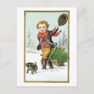Old-fashioned Christmas, Boy with Puppy Holiday Postcard