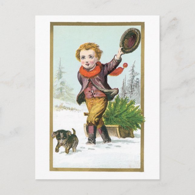Old-fashioned Christmas, Boy with Puppy Holiday Postcard (Front)