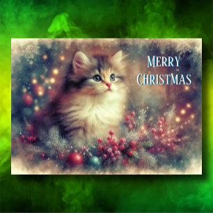 Old Fashioned Christmas Cat  Antique Art Holiday Card