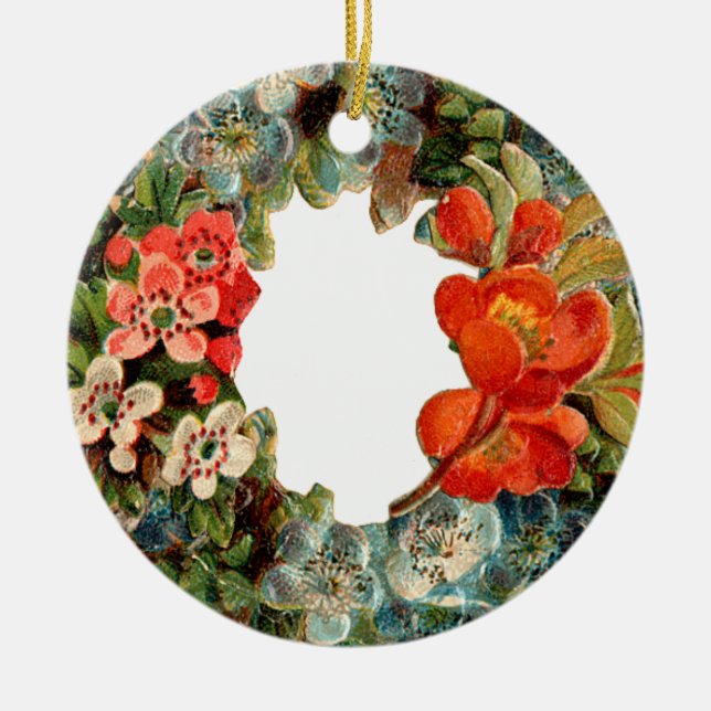 Old-fashioned Christmas, Flower wreath Ceramic Tree Decoration (Front)