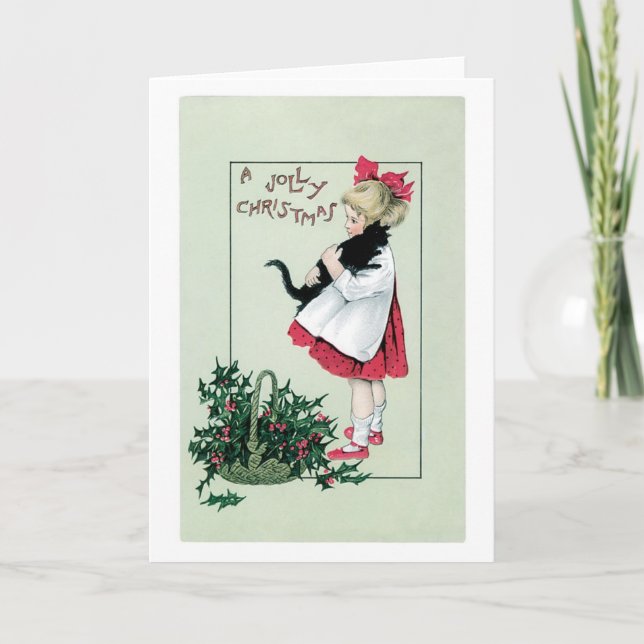 Old-fashioned Christmas, Girl holding Black cat Holiday Card (Front)