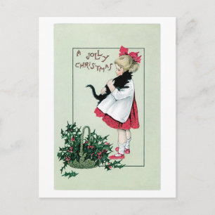 Old-fashioned Christmas, Girl holding Black cat Holiday Postcard