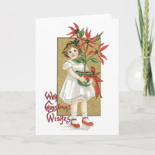 Old-fashioned Christmas, Girl holding Poinsettia Holiday Card