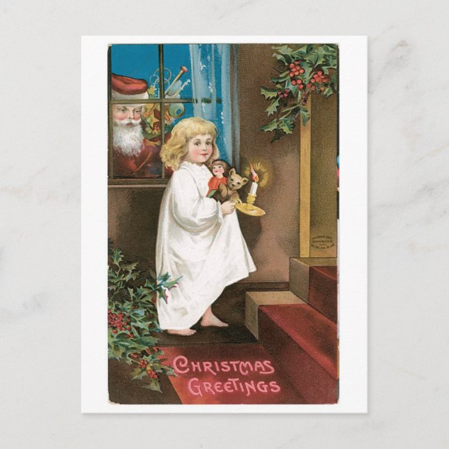 Old-fashioned Christmas, Girl Holiday Postcard (Front)
