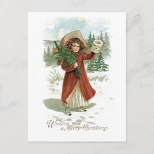 Old-fashioned Christmas, Girl Holiday Postcard
