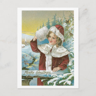 Old-fashioned Christmas, Girl Holiday Postcard