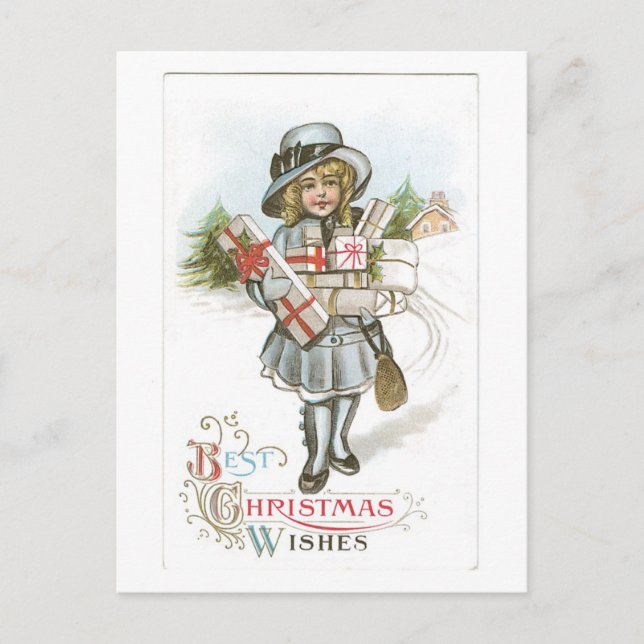 Old-fashioned Christmas, Girl Holiday Postcard (Front)
