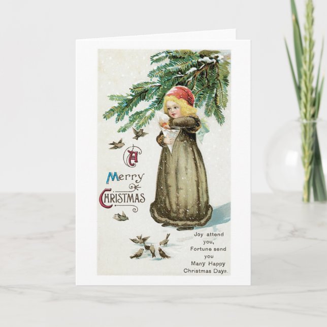 Old-fashioned Christmas, Girl with Birds Holiday Card (Front)