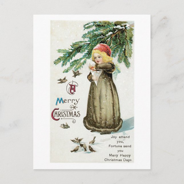 Old-fashioned Christmas, Girl with Birds Holiday Postcard (Front)
