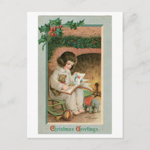 Old-fashioned Christmas, Girl with Teddy bear Holiday Postcard
