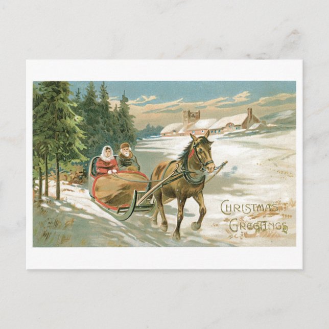 Old-fashioned Christmas, Horse sled Holiday Postcard (Front)