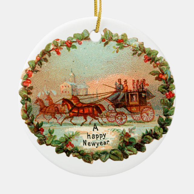 Old-fashioned Christmas, New year, Coach Ceramic Tree Decoration (Front)