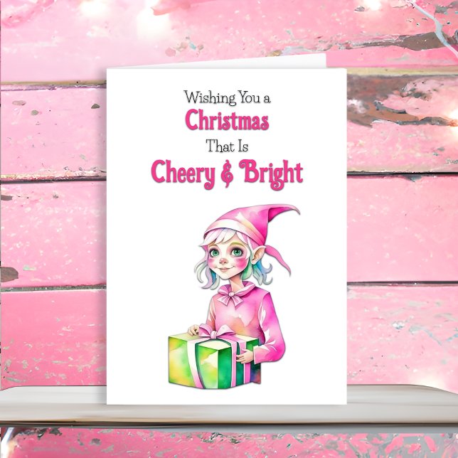 Old-Fashioned Christmas Pink Elf Holiday Card (Creator Uploaded)
