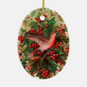 Old-fashioned Christmas, Robin, Holly Ceramic Ornament