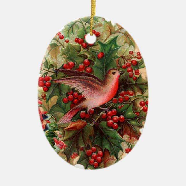 Old-fashioned Christmas, Robin, Holly Ceramic Ornament (Front)