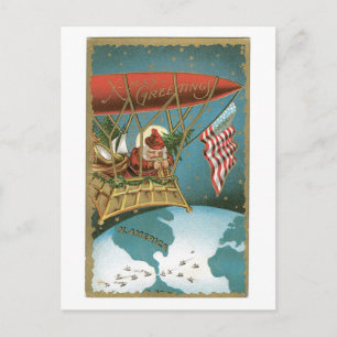Old-fashioned Christmas, Santa get on an Airship Holiday Postcard