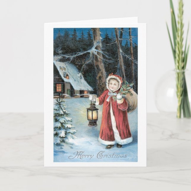 Old-fashioned Christmas, Santa girl Holiday Card (Front)
