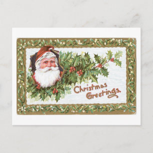 Old-fashioned Christmas, Santa, Holly Holiday Postcard