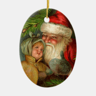 Old-fashioned Christmas, Santa with Child Ceramic Ornament