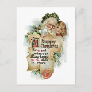 Old-fashioned Christmas, Santa with Girl Holiday Postcard