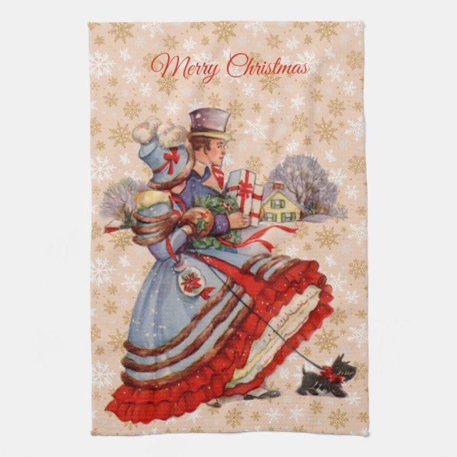 Old-Fashioned Christmas Shopping Tea Towel (Vertical)