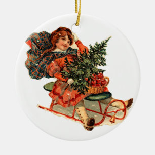 Old-fashioned Christmas, Sledding Ceramic Ornament