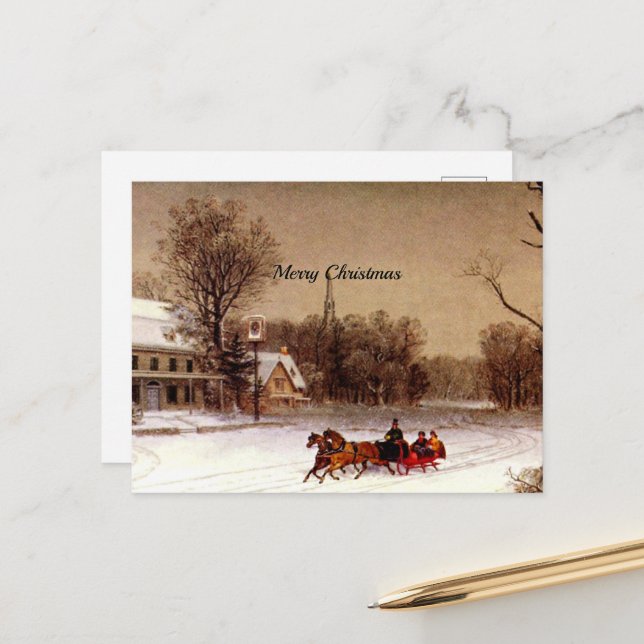 Old-Fashioned Christmas Sleigh Ride, Winter Scene Holiday Postcard (Front/Back In Situ)