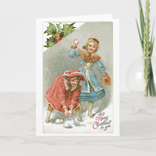 Old-fashioned Christmas, Snowball fight Holiday Card (Front)