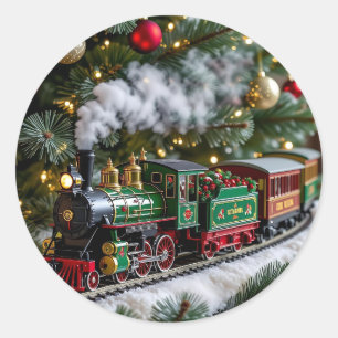 Old-Fashioned Christmas Train under the Tree Classic Round Sticker