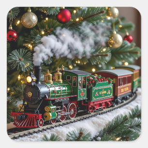Old-Fashioned Christmas Train under the Tree Square Sticker