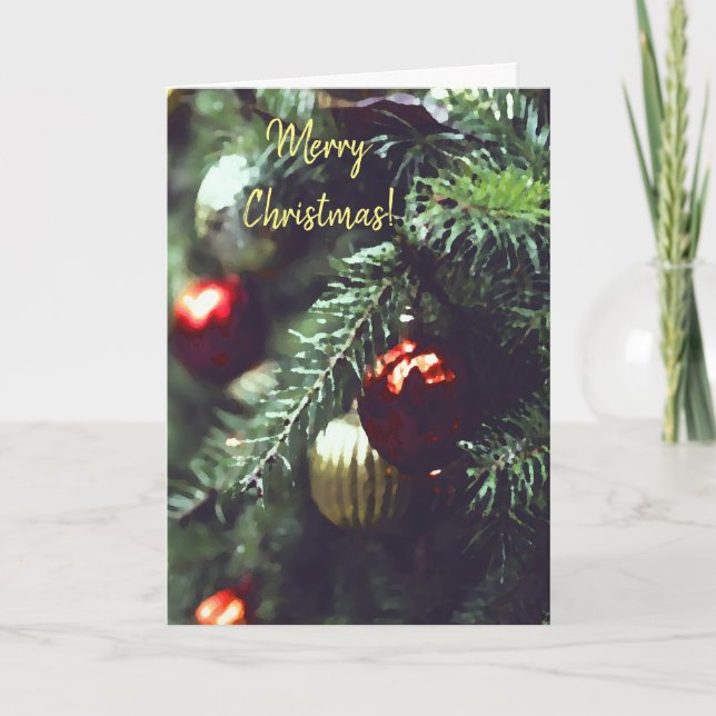 Old Fashioned Christmas Tree with Red Ornaments Holiday Card (Front)