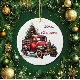  Old-Fashioned Christmas Vintage Red Truck Ceramic Ornament