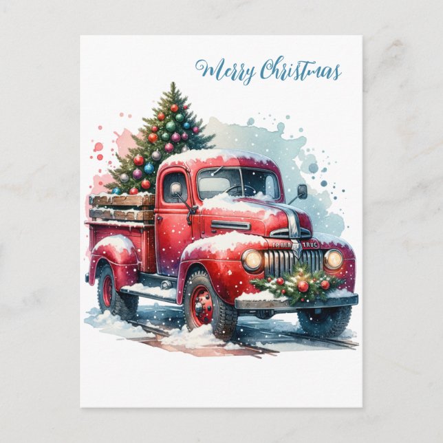  Old-Fashioned Christmas Vintage Red Truck Postcard (Front)