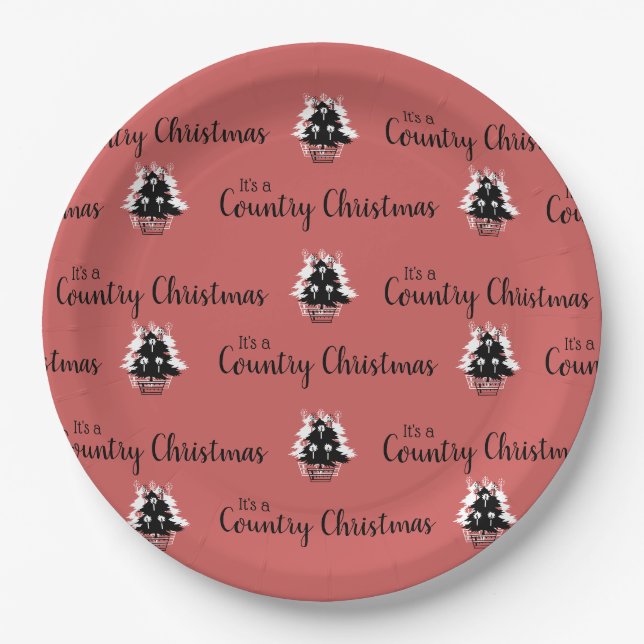Old Fashioned Country Christmas Trees Red Paper Plate (Front)