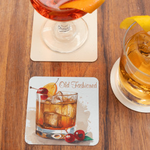 Old Fashioned Drink With Cherries and Orange  Square Paper Coaster