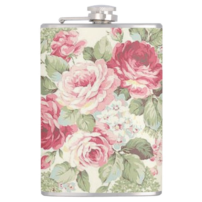 Old Fashioned Elegant Pink and Red Roses Hip Flask (Front)