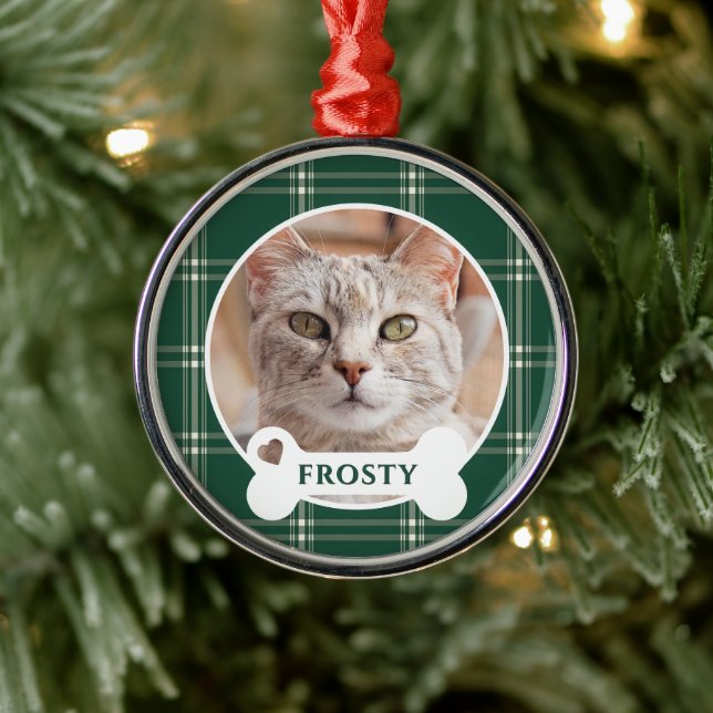 Old Fashioned Forest Green Christmas Plaid Cat Metal Ornament (Tree)