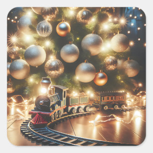 Old-Fashioned Gold Christmas Train under the Tree Square Sticker